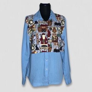 Vintage 90s Cascade Blues Christmas Patchwork Shirt Medium